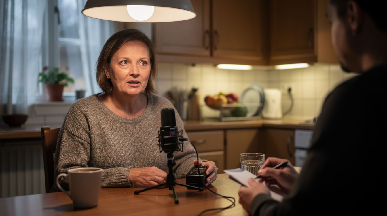 Interview setup with a Danish woman being recorded for an oral history project