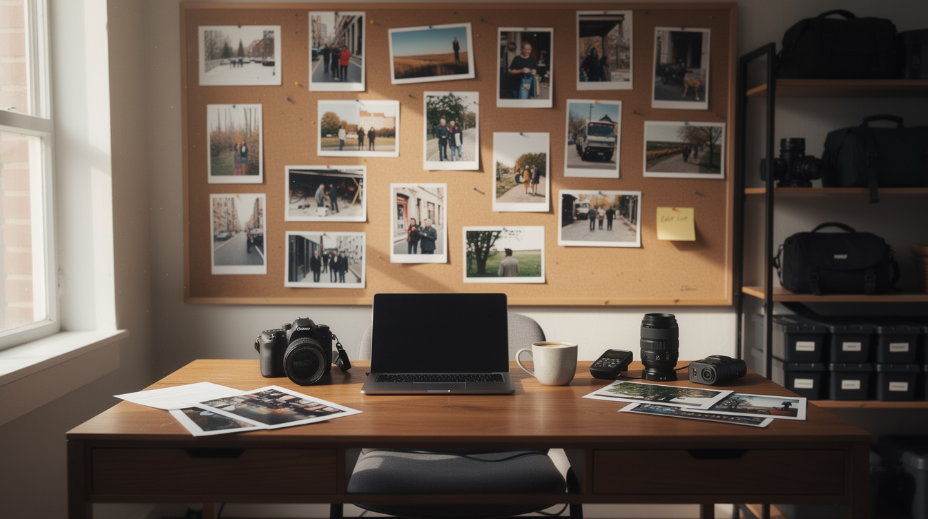 Small editorial studio office with photographs pinned on a wall