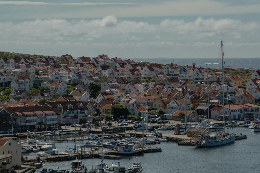 Aerial view of a colorful Danish fishing village harbor